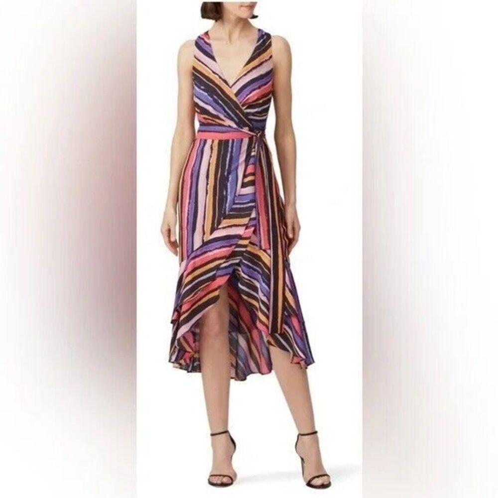 Great Jones Vibrant Orchid Wrap Dress with colorful stripes in women's size M
